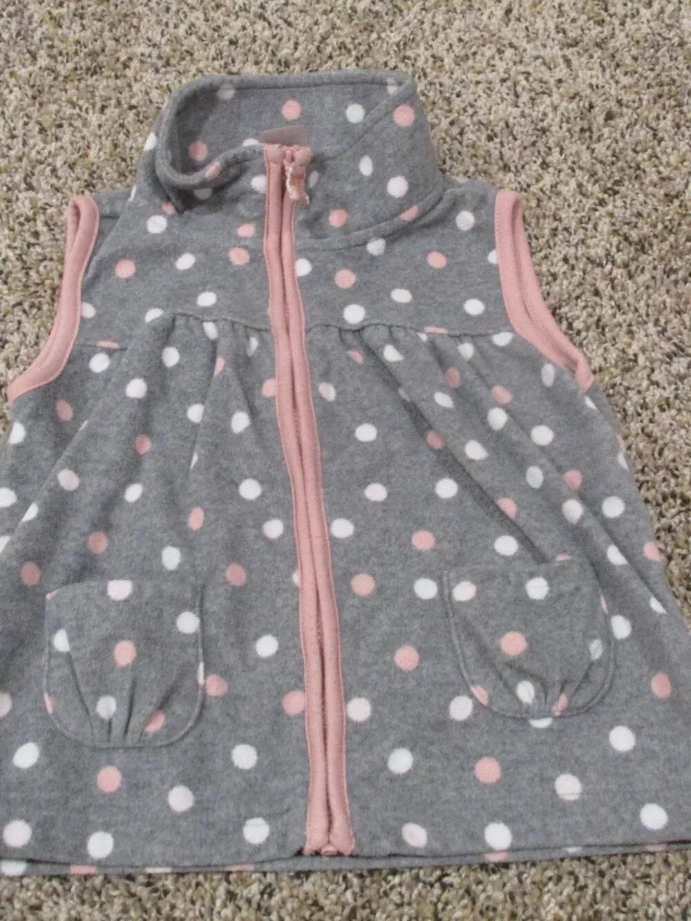 Carters Sleeveless Zip Up Vest Girls Size 24M Gray Pink‎ White Polka Dot Collar